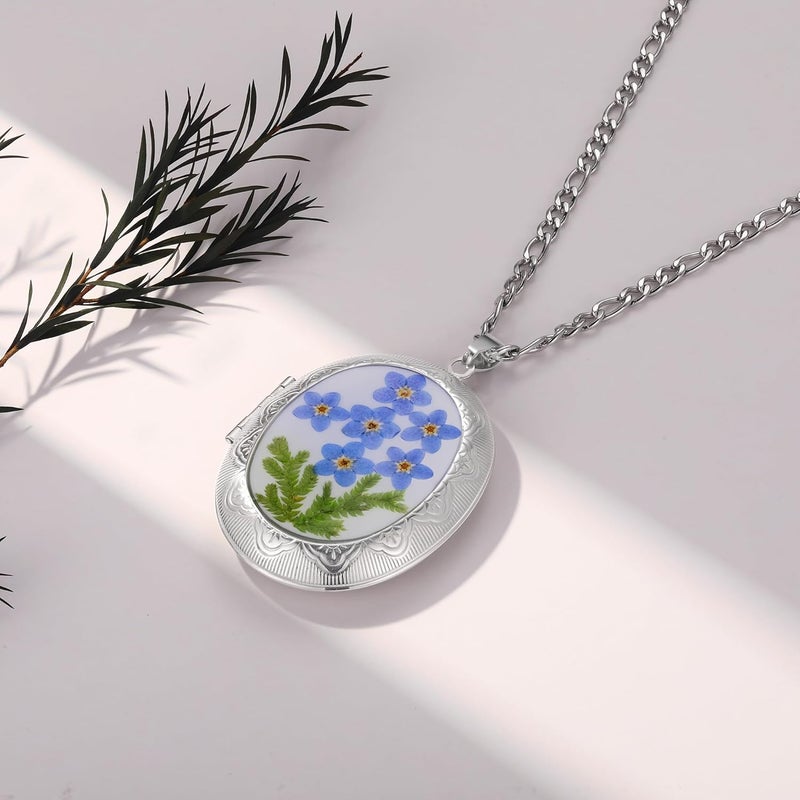 AUNTESIGN Store Forget-Me-Not and Queen Anne's Lace Pressed Wildflower Necklace | Birth Month Real Flower Necklace | Gold/Silver Pressed Flower Jewelry | Personalized Handmade Jewelry - Image 2